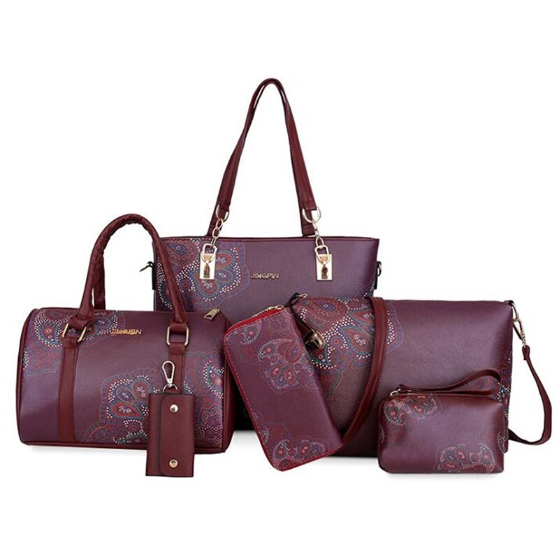 Skulderveske for kvinner dameveske 6 -delt sett med lærvesker i kinesisk stil clutch lommebok komposittveske crossbody: Rød