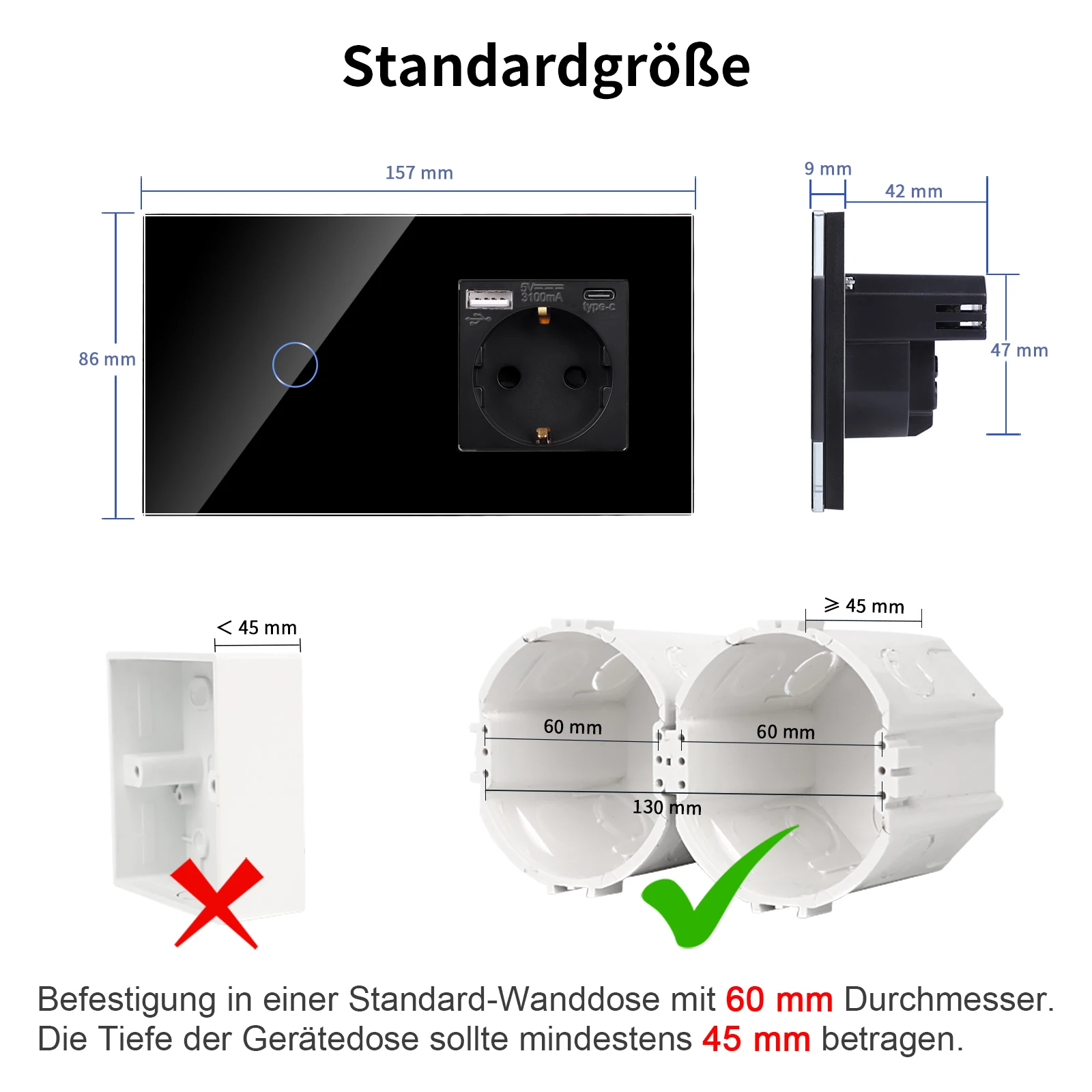 Bingoelec Schwarze Steckdosen und Schalter mit Kristallglasscheibe für Heimwerker