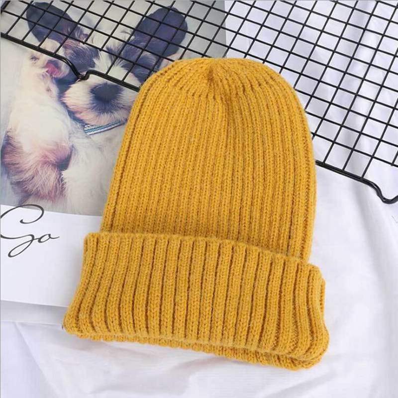 Winter Women Beanies Solid Color Soft Cotton Elastic Knitted Women Hat Girls Bonnet Female Cap: style 1 yellow