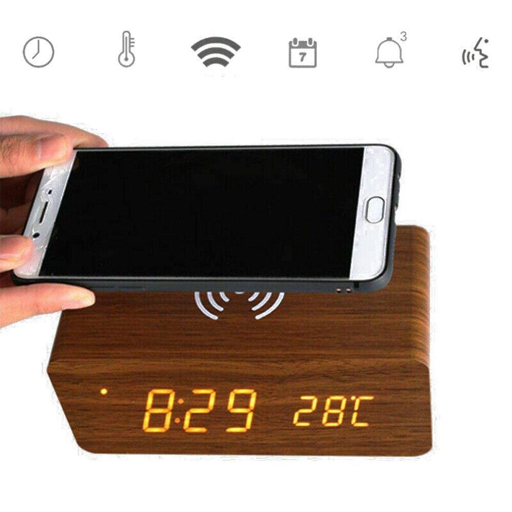 Elektrisk led vækkeur med telefon trådløs oplader træ m/ qi trådløs telefon opladning digitalt termometer ur