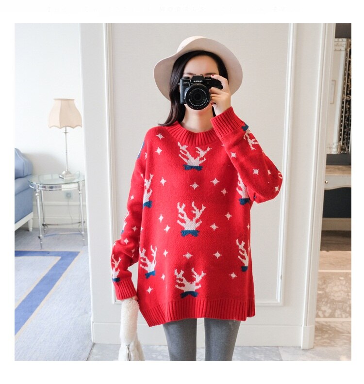 Pull de maternité en maille avec imprimé de noël, pull à la coréenne, vêtements pour femmes enceintes, ample, collection automne hiver: Rouge / XL
