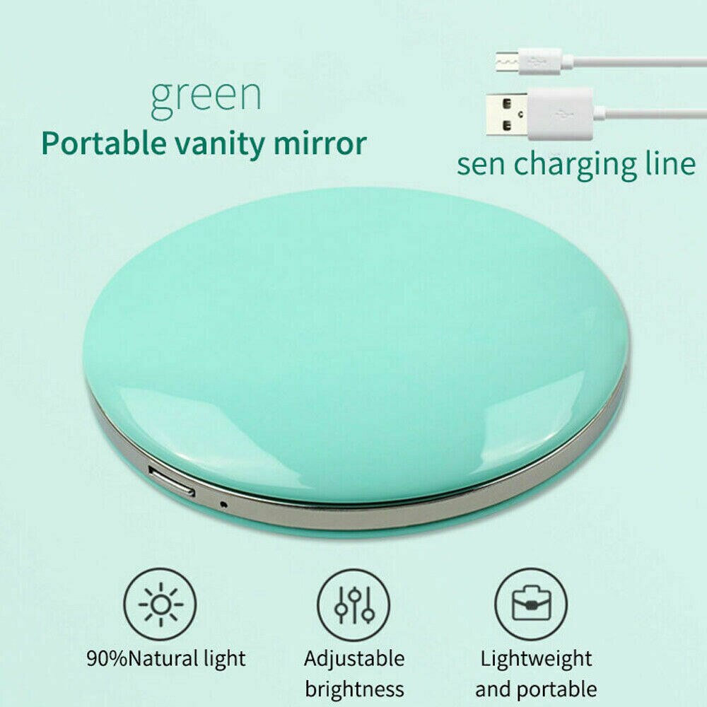 Make-up Cosmetische Opvouwbare Draagbare Compacte Pocket Spiegel met Led-verlichting Lampen Candy Kleur USB opladen draagbare ABS Spiegel: Groen