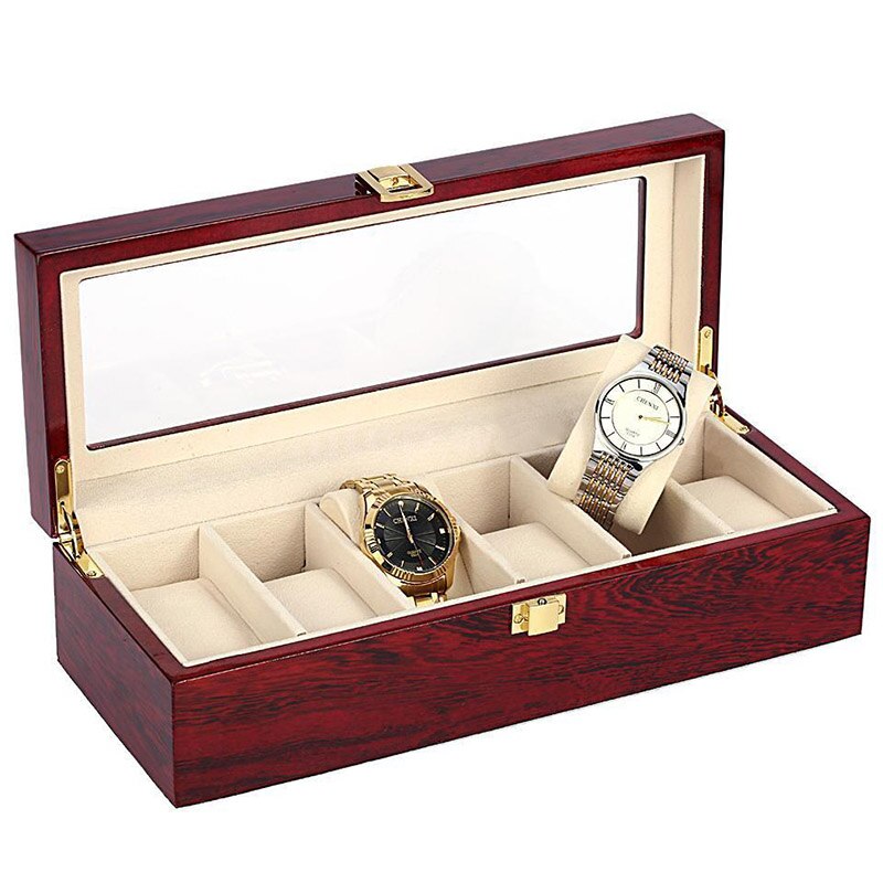 Caja de exhibición de reloj de madera para hombre, organizador de almacenamiento de joyería superior de cristal, , 6