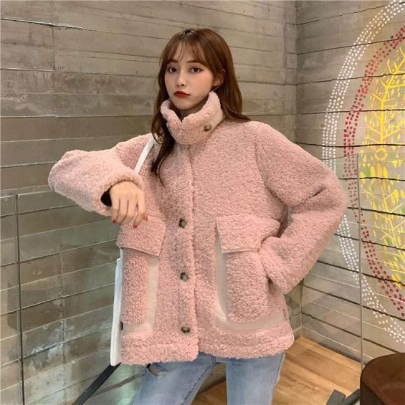 дубленка женская Korean Thick Wool Jacket Warm Women&#39;s Winter Sheepskin Coat One Piece Fur Coats All-Match Traf: Pink / L 55-65KG