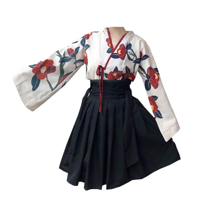 Japanese Style Woman Kimono Summer Floral Haori Girls 2pcs Top and Skirt Outfits Full Sleeve Japanese Dress for Women