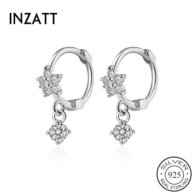 Inzatt Real 925 Sterling Zilver Zirkoon Bloem Hoepel Oorbellen Voor Mode Vrouwen Party Fijne Sieraden Minimalistische Leuke Accessoires