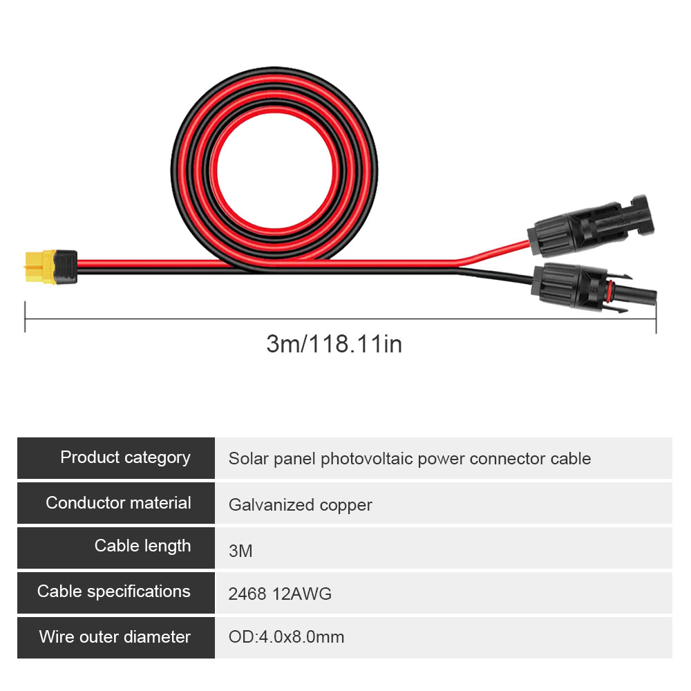 Cable de carga solar Adaptador XT60 a cable de extensión de conector hembra macho solar 12AWG 0,6/1,5/3M para paquete de batería: Lavanda