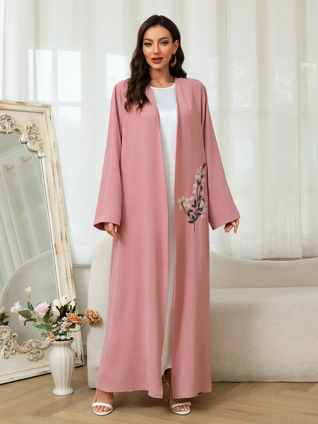 Roze geborduurd lang gewaad dames bescheiden islamitische jurk Abaya Kaftan uitloper lange mouw losse Arabische moslim Dubai Marokkaanse