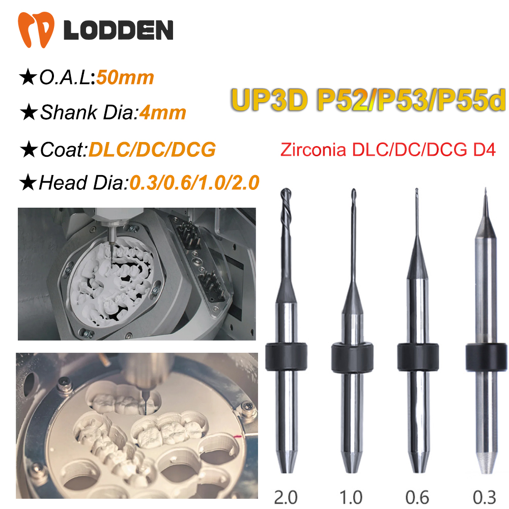 UP3D P52/P53/P55D Zirconia Milling Bur D4 Shank DLC/DC/DCG Diamond Coating 50mm Length 0.3/0.6/1.0/2.0mm UP3D Dental Milling Bur