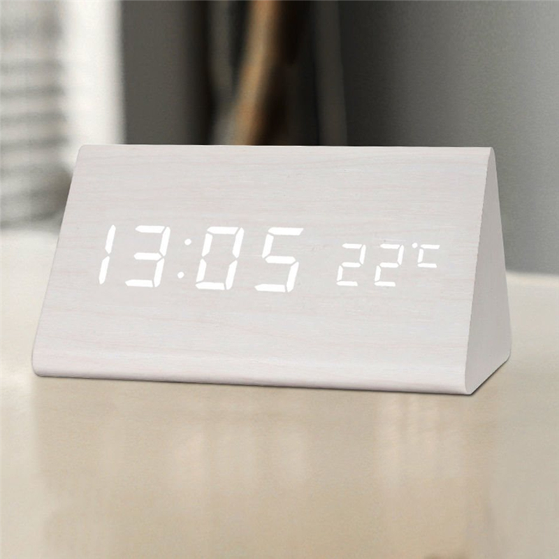 FORW-digitale klok Houten geluidsregeling LED-wekker met temperatuur USB-desktopklokken Snooze