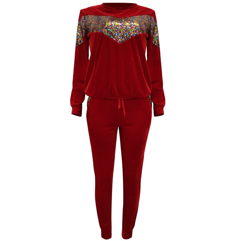 2 TWO PIECE SET Sequin Women Tracksuit Velour Jogger Pants Long Sleeve Patchwork Sweat Suit Female Sweatsuit Outwear Warm Winter: Red / XXL