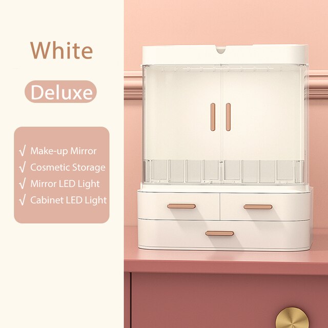 LED Light Makeup Mirror Cosmetic Storage Jewelry Container Lipstick Showcase Drawer Skin Care Products Cabinet Organizer-Cosmeti: White Deluxe