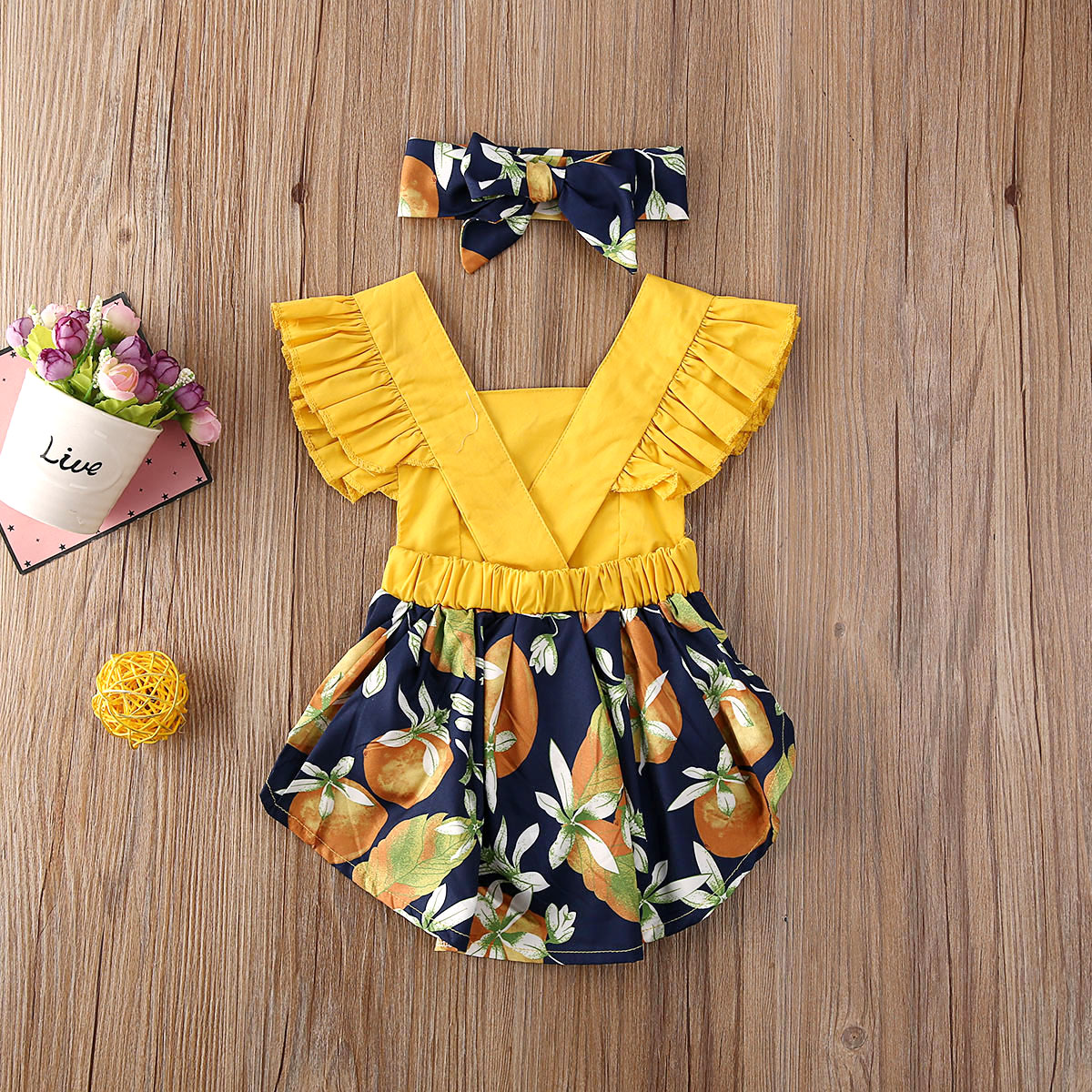 Baby Summer Clothing Baby Girl Lemon Print Ruffle Romper Dress Headband Outfit Lemon Print Clothes Set Sunsuit