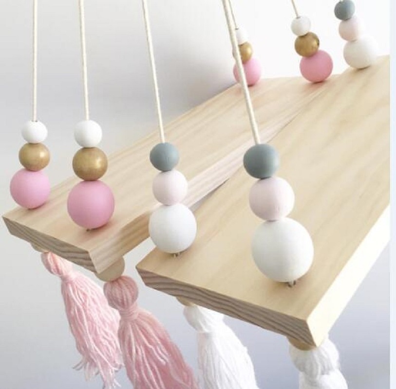 Wall Hanging Handmade Wood Rope Swing Storage Rack Kids Room Storage Holder Floating Display Shelves Wall Decoration