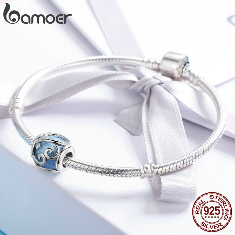 Bamoer 100% 925 Sterling Zilver Dancing Golven Licht Blauw Kristal Steen Bedel Kralen Fit Vrouwen Bedelarmband Diy Sieraden SCC557