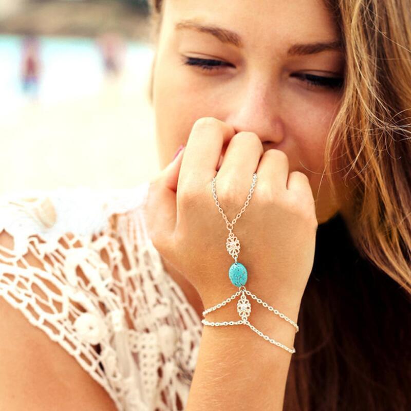 Mode Ketting Armband Punk Verzilverd Vrouwen Metalen Hand Harness Ketting Groene Steen Kralen Slave Vinger Ring Boho Sieraden