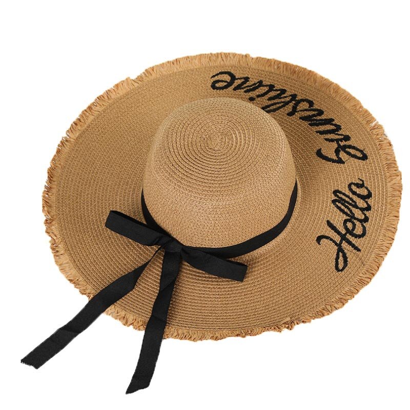 Weave Sun Hats Straw Hat Black Ribbon Tie Up Caps for Women Summer Beach Outdoor ZJ55
