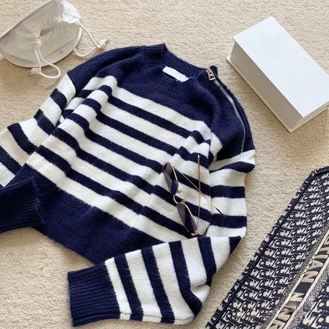 Efterår europæisk og amerikansk klassisk skulder lynlås skulder stribet sweater sweater kvinder