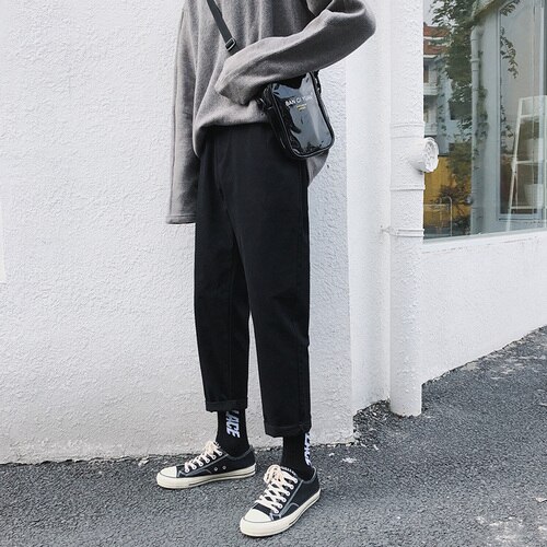 Bukser mænd stor størrelse matchende elastik talje lige ankellange lommer fritidsbukser herre trendy harajuku ulzznag bukser: Xxxl / Sort