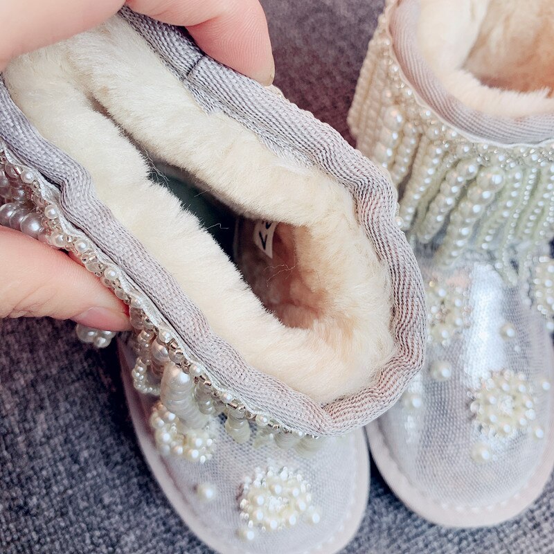 Winter Kids Snowboots Peuter Warm Glitter Schoenen Baby Meisjes Parel Enkellaarsjes Vrouwen Zilver Laarzen Mode Sequin laarzen