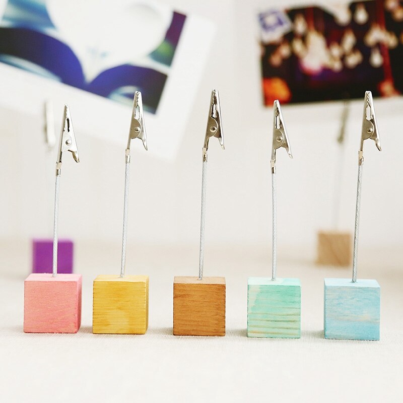 1pc coloré en bois Cube mémo pince métal Photo porte-carte bureau Photo pinces support Message porte-carte bureau décor organisateur
