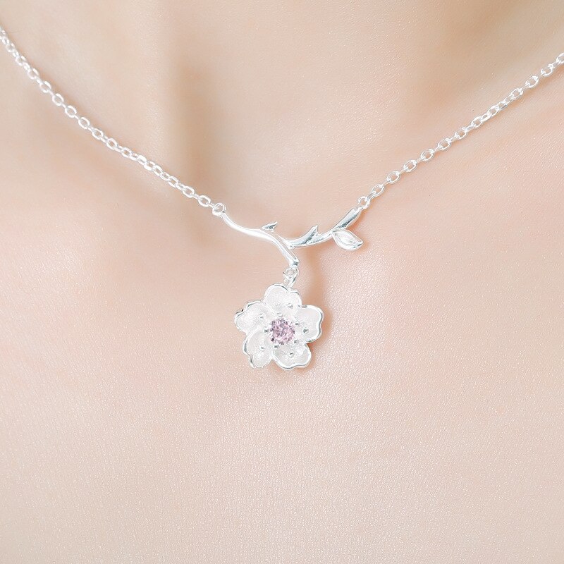 ANENJERY – ensemble de bijoux romantique couleur argent, fleur de cerisier, pendentif, joli ensemble de mariage