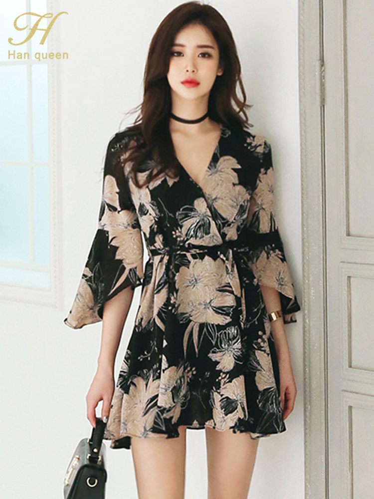 H han queen chic sommer vintage trykte trompetermer stroppetrykk kjole dame enkle festkjoler til kontor uformelle kjoler