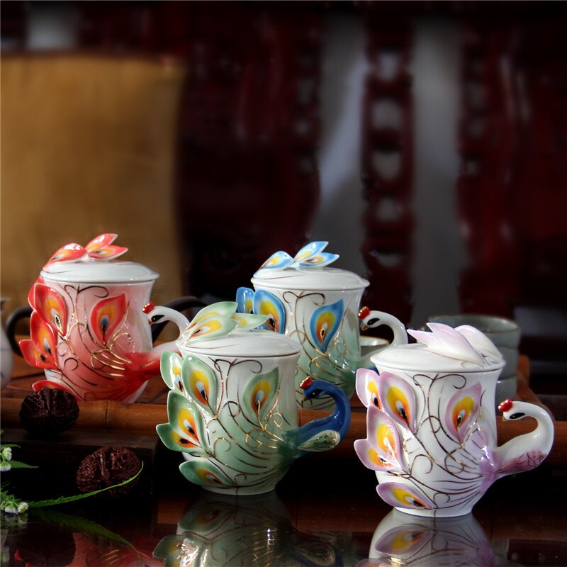 1 stk emalje porcelæn påfugl kaffekop keramiske kopper 3d farve kontor kaffe te sæt & te kop