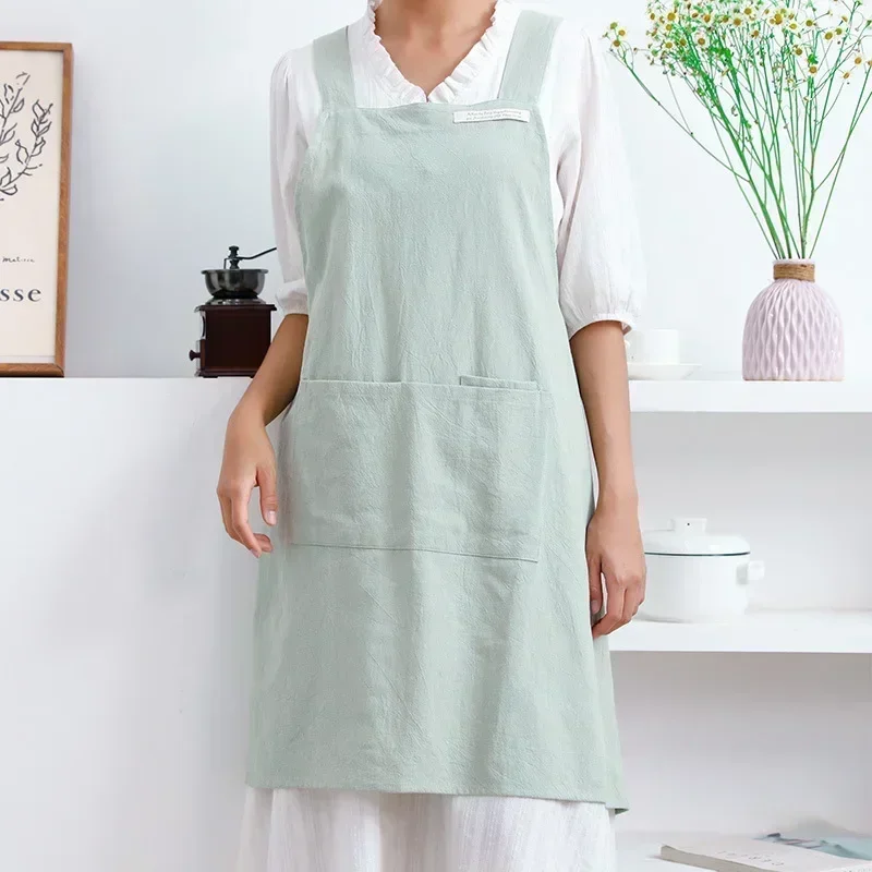 dame japansk og koreansk enkelt forkle denimforkle bomull og lin ensfarget bluse kjøkken blomsterhandler kaffebar forkle