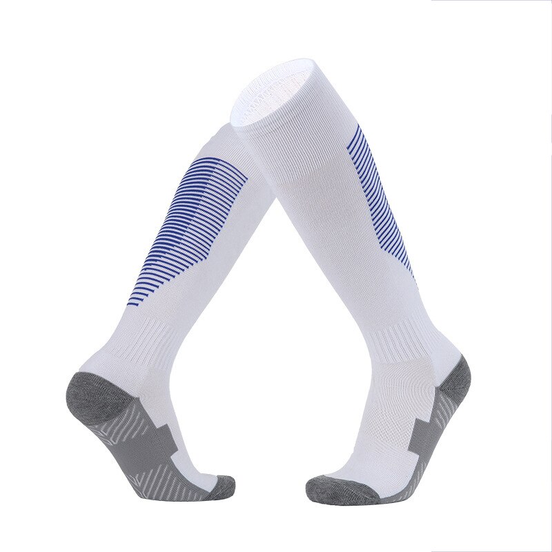 Cotton Football Socks Over the Knee Children High Tube Thickened Soles Non-slip Adult Men&#39;s tTraining Soccerl Socks: White blue edge / Children Size