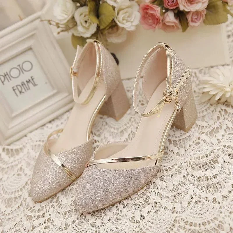 Baotou-Sandalias De tacón grueso De raíz puntiaguda para Mujer, Zapatos De con hebilla De una palabra, versión coreana, novedad