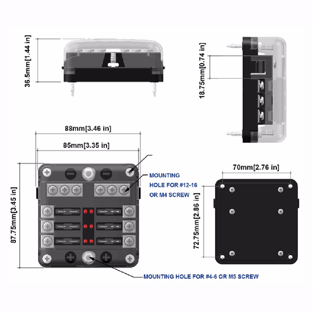 DC 12-32V Truck Motorhome Coach Boat Bus Bar Power Distribution Block Double Busbars 6-way12-way Fuse Box with LED Lights 100Amp