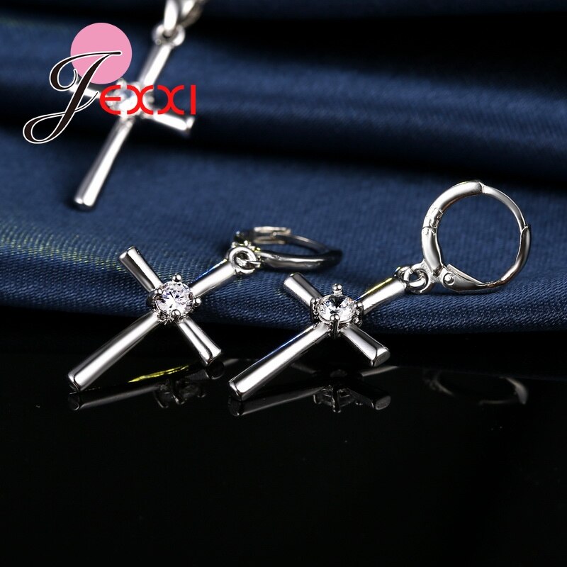 Classice Cross Shape Crystal 925 Sterling Silver Necklace Earrings Pendants Jewelry Set For Women