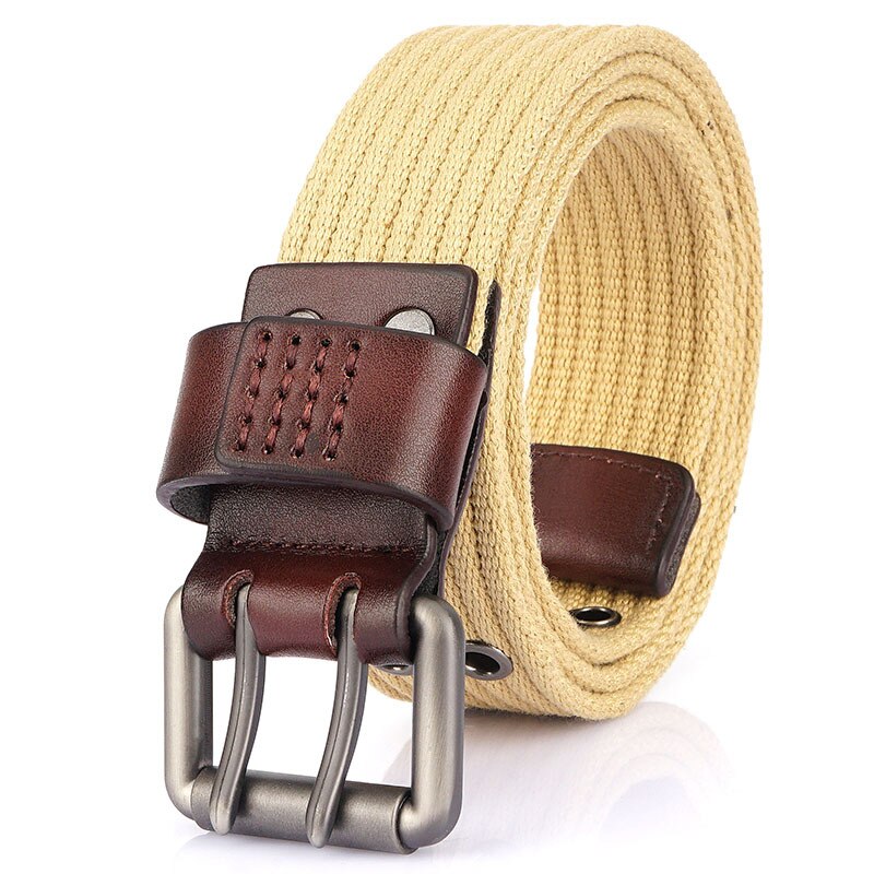 Medyla Canvas Riem Dubbele Pin Gesp Dubbele Gat Mode Toevallige Riem Voor Mannen En Vrouwen Student Riem MN2021A: Khaki