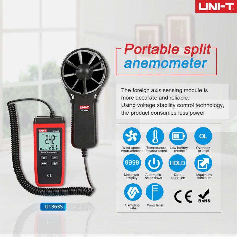 UNI-T Anemometro digitale UT363S 0.4~30 m/s Sensore di velocità del vento Metri Tester di temperatura Strumenti di misura