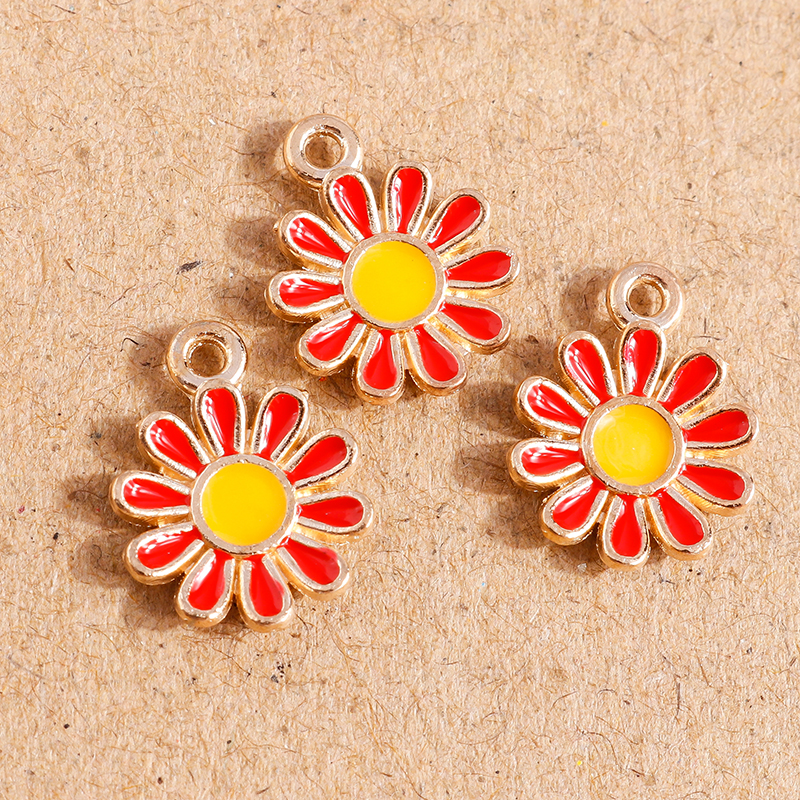 10 Uds. De abalorios de flor Margarita esmaltada, Color caramelo, 11x15mm, para hacer colgantes, collares, pendientes, pulseras, accesorios de joyería DIY: Red Color