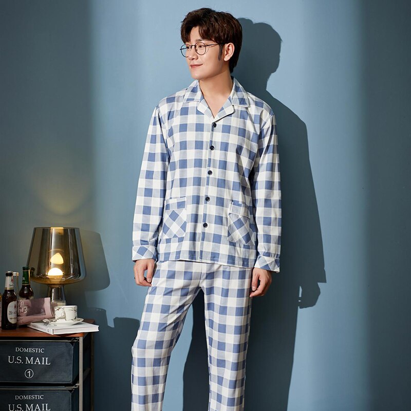 MELIFLE automne tout coton hommes vêtements de nuit col rabattu ample solide à manches longues pyjamas ensemble loisirs Masculino nuisette: 5 / XXXL