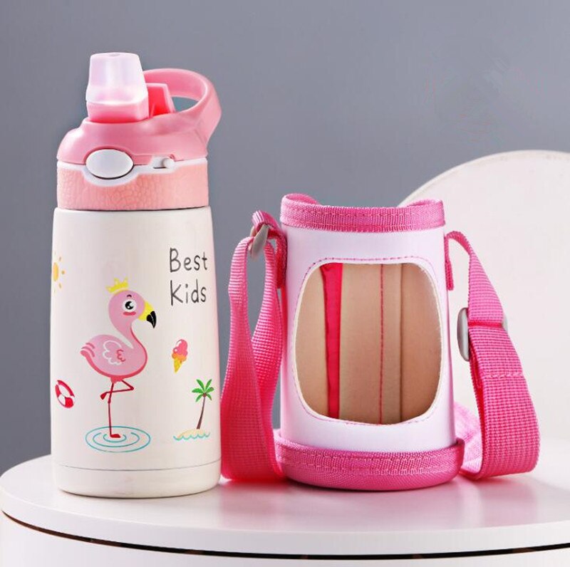 Bouteille d&#39;eau Thermos pour enfants de 400ML, tasse Thermos pour enfants, bébé canard, paille à billette, flacons sous vide en acier inoxydable 316, gobelet, tasse thermique: Pink with bag