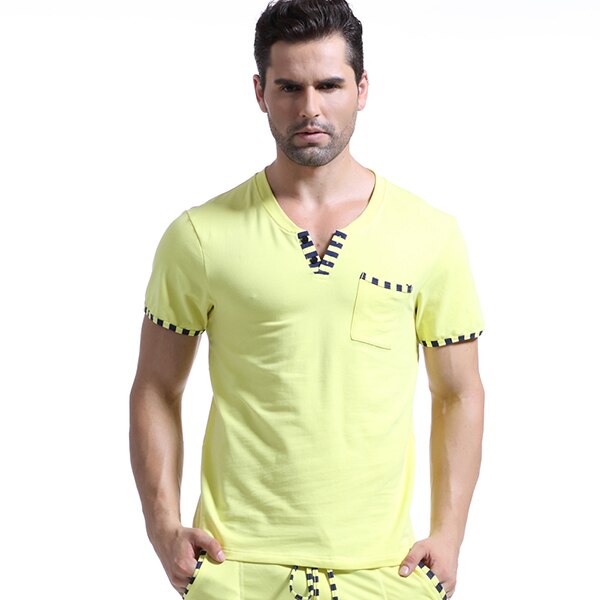 WJ Brand Man Home Leisure Clothes Mens Sexy Cotton Skinny Night Shirts Short Sleeves Sleeping Tops: Yellow / L