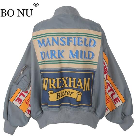 Forårsjakke kvinder vindjakke frakke patch designs harajuku løs bomber streetwear afslappet basisfrakke oversize kort jakke: Grå / S