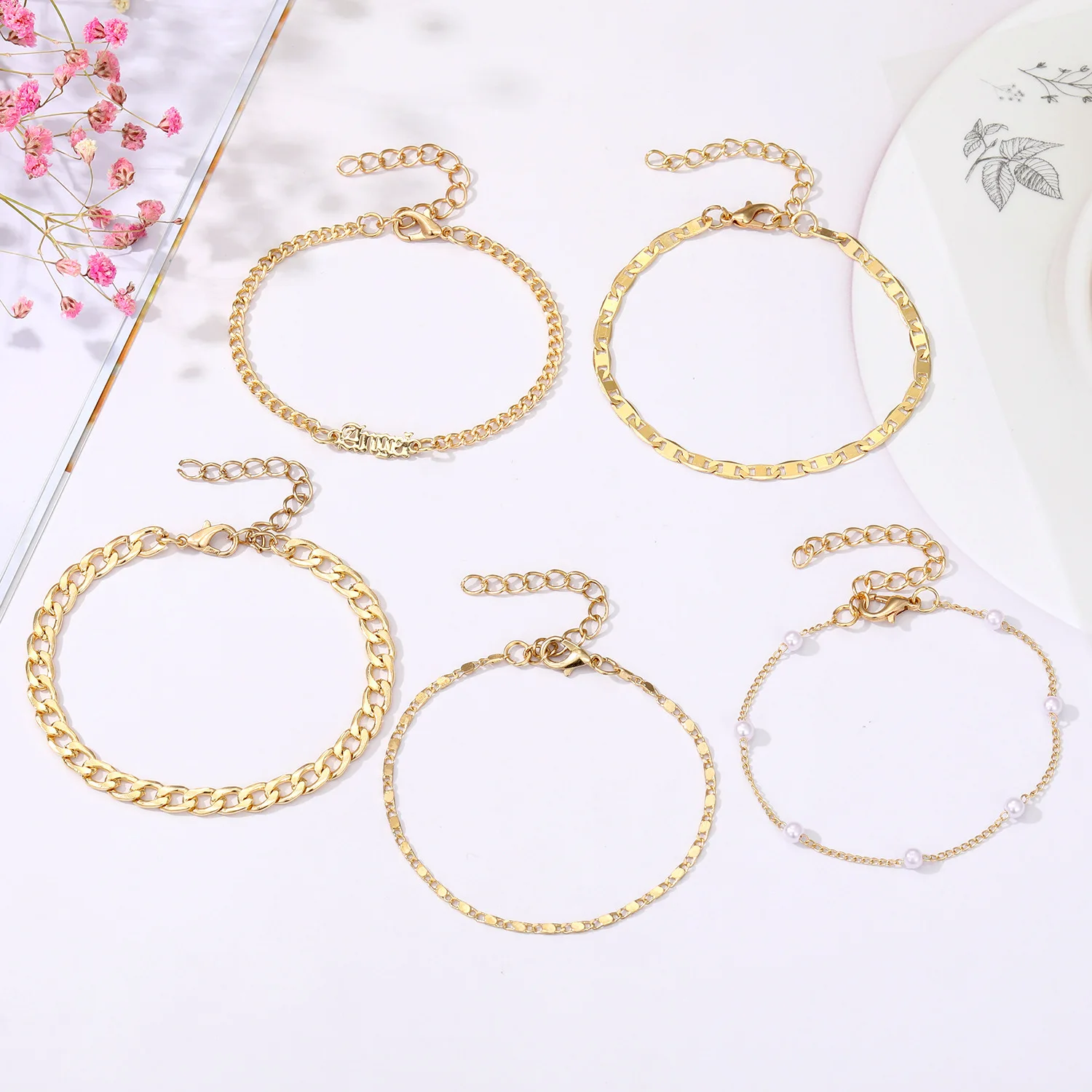 Boheemse Gouden Kleur Ketting Armband Set Voor Vrouwen Faux Parel Hoek Letter Charm Armband Vrouwelijke Mode Feest Sieraden