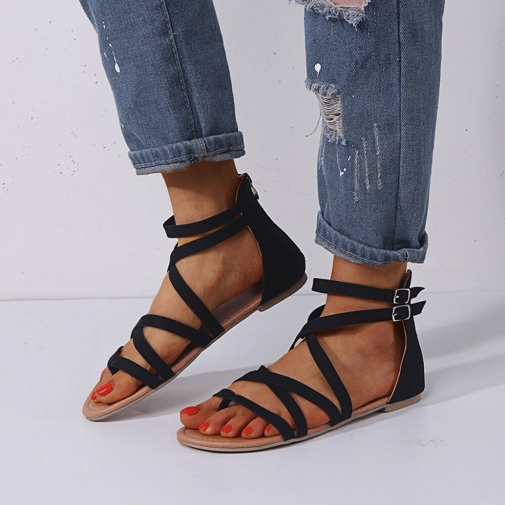 Women's Sandals Cross Tied Flat Sandals Zipper Summer Flat Roman Gladiator Beach Sandals Wedge Flat Sandals sandalias mujer