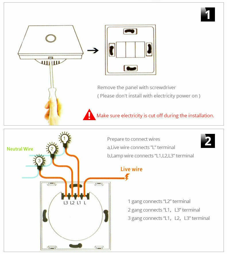 1G / 2G / 3 Gang LED Light Glass Panel Touch Sensor Switch Waterproof Wall Lamp On/Off Dimming Wireless white / black / Gold
