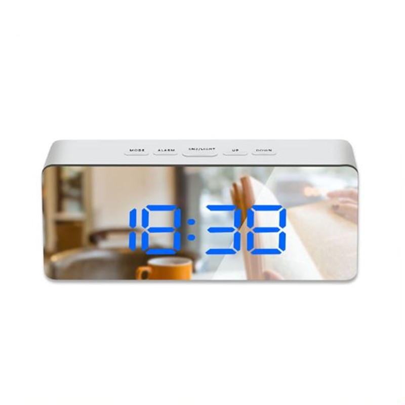 Spejl vækkeur digital snooze bordur vågne lys elektronisk tid temperatur display led makeup vækkeur: Rektangulær blå