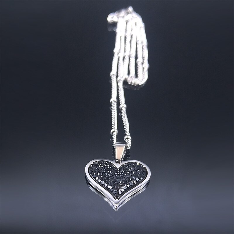 Stainless steel black crystal heart necklace charm women silver color small pendant necklace jewelry acero inoxidable  n8047 s 01