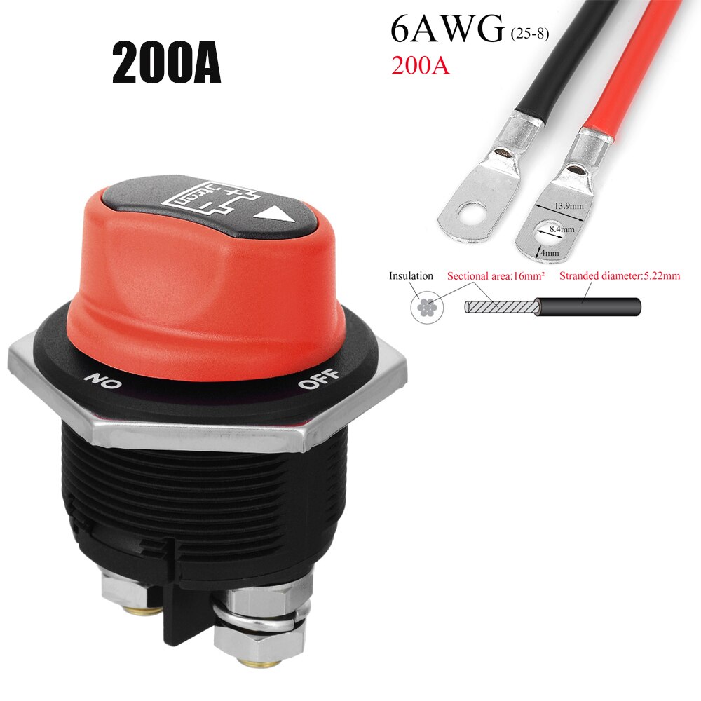 Jtron car battery switch 12v 50A 100A 200A 300A car battery isolator switch + cable wiring connect on-off battery kill switch: 200A