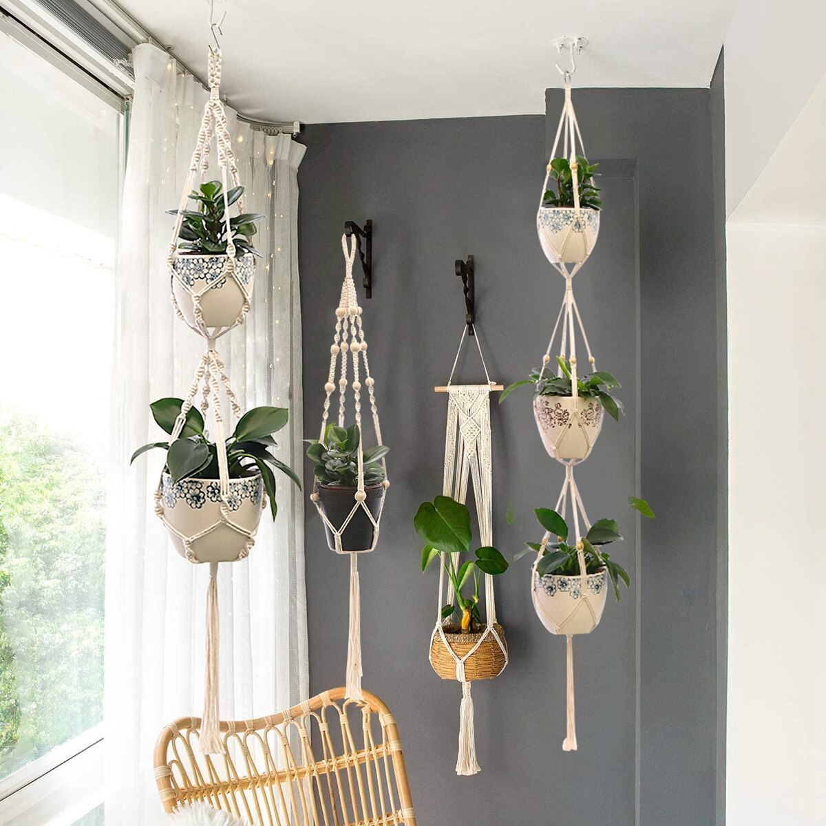 Handmade Macrame Plant Hanger Flower Pot Hanger Flowerpot Net Hanging Basket for Plants Hanger for Wall Decor Countyard Garden