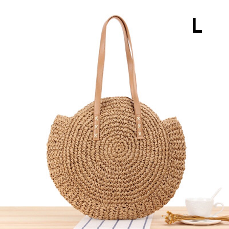 JULY'S SONG Straw Bag Women Shoulder Beach Bag Round Rattan Straw Handmade Big Capacity Cutout Crossbody Bag: 5