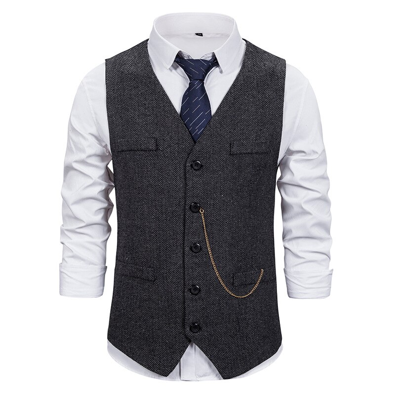 Men's Wool Herringbone Tweed Vest Brand Slim Fit Sleeveless Vest Waistcoat Men Formal Business Wedding Chaleco Hombre: black / S