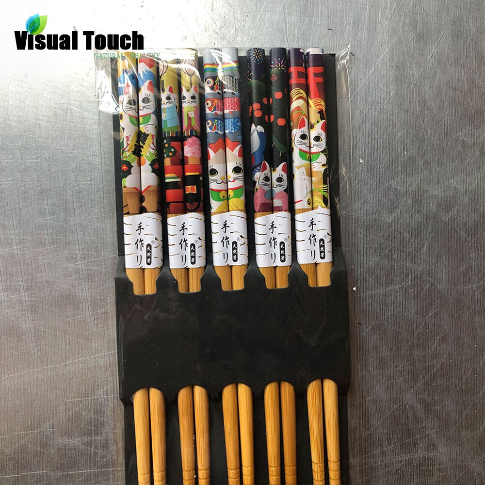 Visuell beröring 5 st set pack lucky cat bambu trä ätpinnar återanvändbara servis middag japansk ätpinne sushi matpinnar